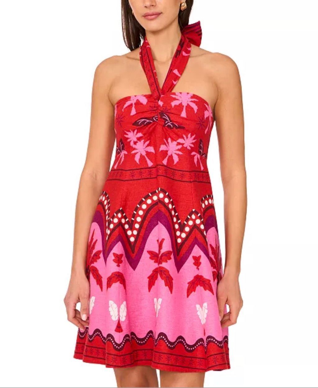 1 State Center-Halter Mini Dress Polynesia Poinsetta Print Large